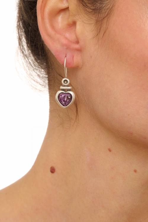 Kiraz Purple Enameled Silver Plated Heart Earring