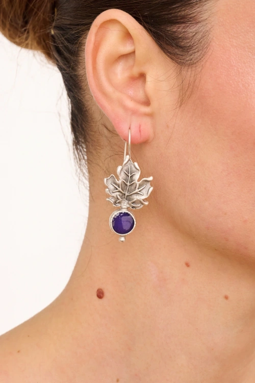 Kiraz Purple Enameled Silver Plated Leaf Earring