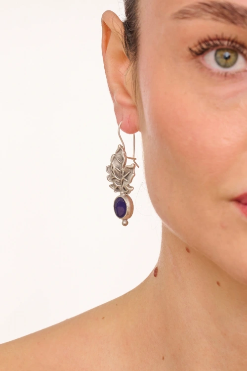 Kiraz Purple Enameled Silver Plated Leaf Earring