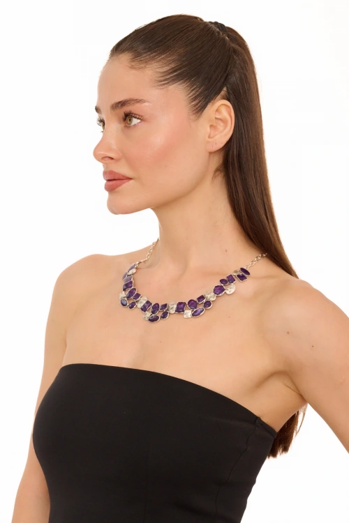 Kiraz Purple Enameled Silver Plated Necklace