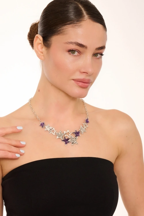 Kiraz Purple Enameled Silver Plated Star Necklace