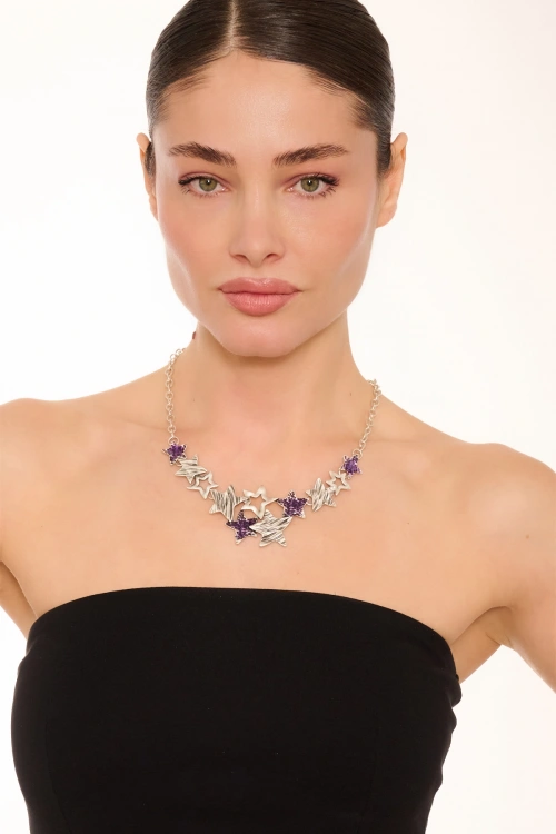 Kiraz Purple Enameled Silver Plated Star Necklace