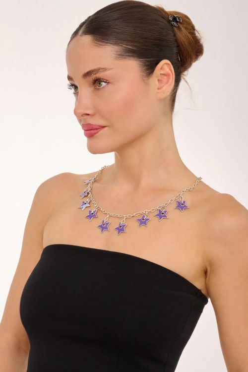 Kiraz Purple Enameled Silver Plated Star Necklace