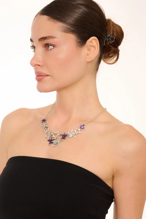 Kiraz Purple Enameled Silver Plated Star Necklace