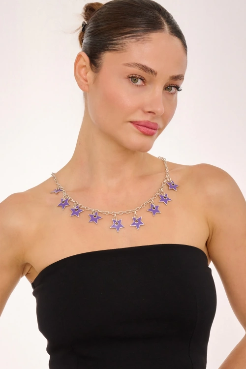 Kiraz Purple Enameled Silver Plated Star Necklace