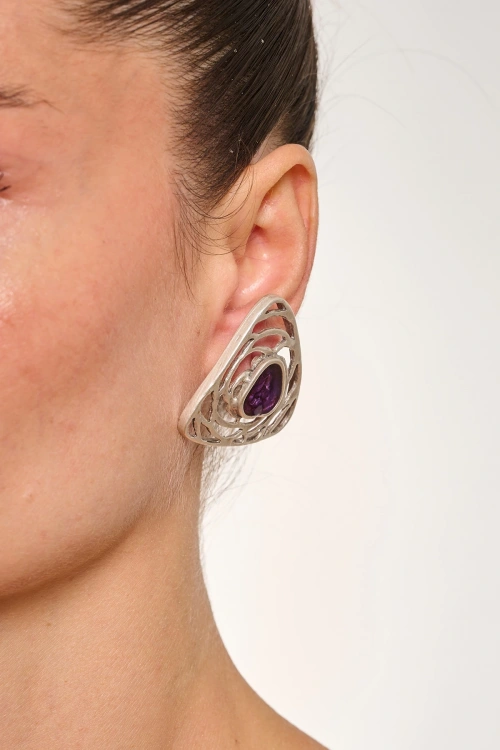 Kiraz Purple Enameled Silver Plated Triangle Earring