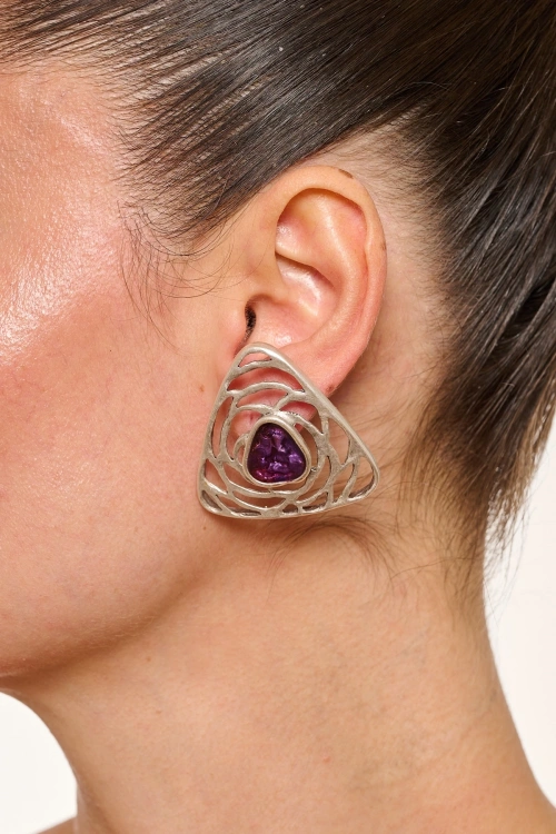 Kiraz Purple Enameled Silver Plated Triangle Earring