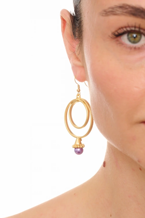 Kiraz Purple Pearl Stoned Gold Plated Earring
