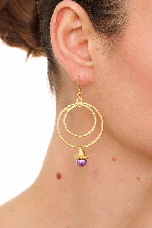 Kiraz Purple Pearl Stoned Gold Plated Earring