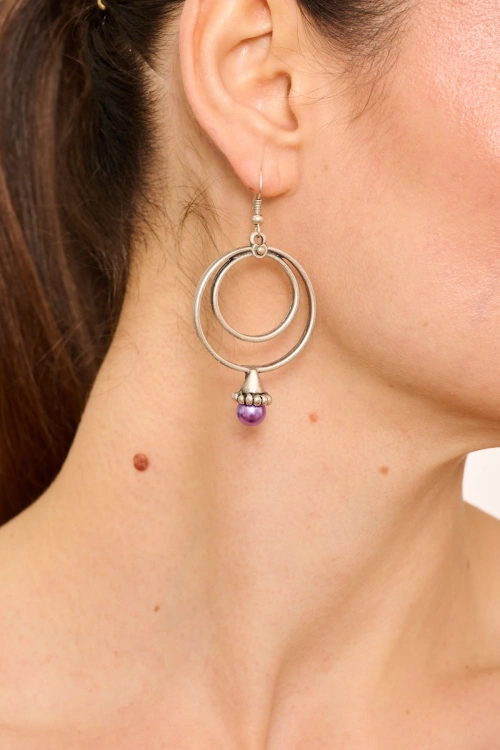 Kiraz Purple Pearl Stoned Silver Plated Earring
