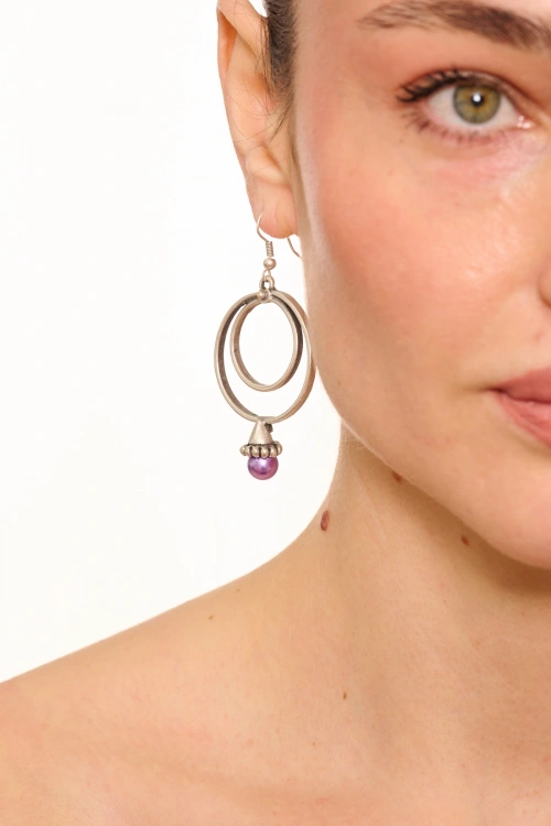Kiraz Purple Pearl Stoned Silver Plated Earring