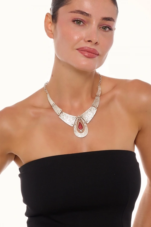 Kiraz Burgundy Enameled Silver Plated Necklace