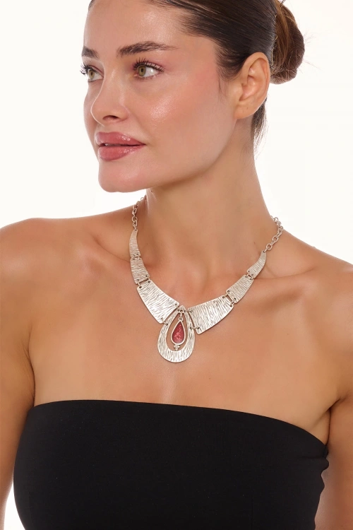 Kiraz Burgundy Enameled Silver Plated Necklace