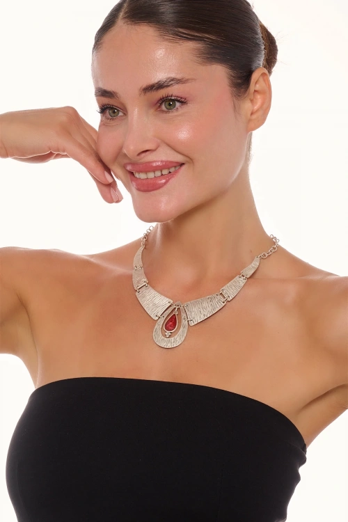 Kiraz Burgundy Enameled Silver Plated Necklace