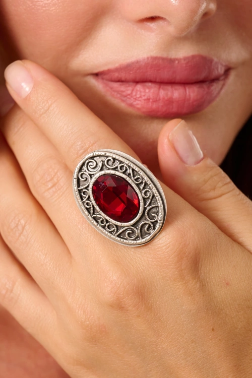 Kiraz Burgundy Crystal Stoned Silver Plated Ring