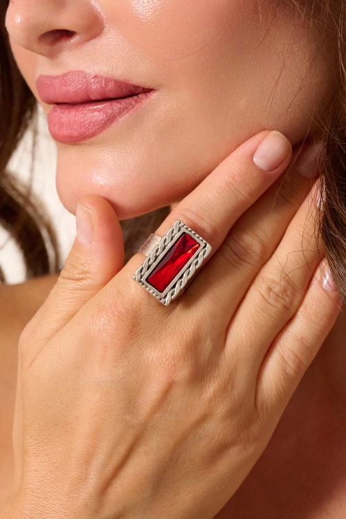 Kiraz Burgundy Crystal Stoned Silver Plated Ring