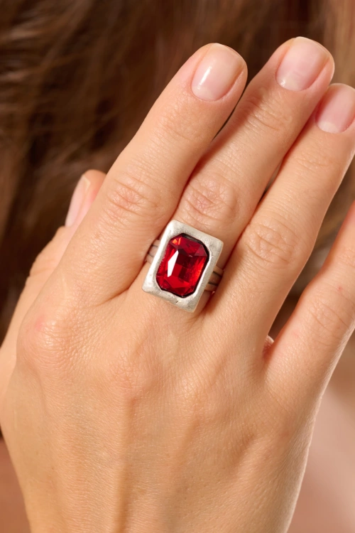 Kiraz Burgundy Crystal Stoned Silver Plated Ring