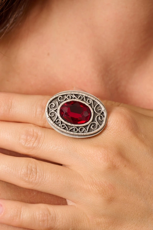 Kiraz Burgundy Crystal Stoned Silver Plated Ring