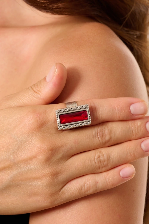 Kiraz Burgundy Crystal Stoned Silver Plated Ring