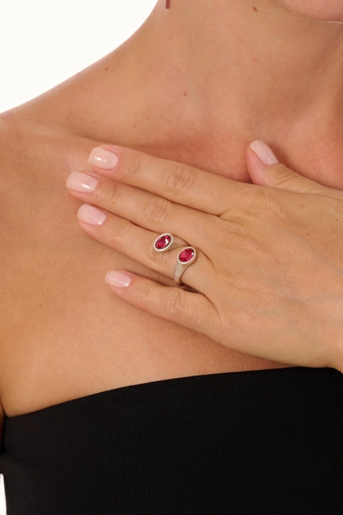 Kiraz Burgundy Crystal Stoned Silver Plated Ring