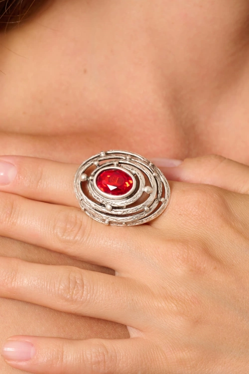 Kiraz Red Crystal Stoned Silver Plated Ring