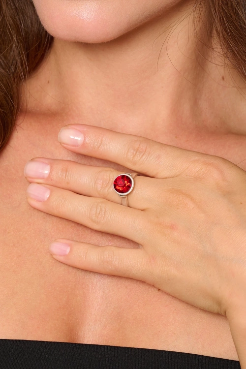 Kiraz Burgundy Stoned Crystal Silver Plated Ring