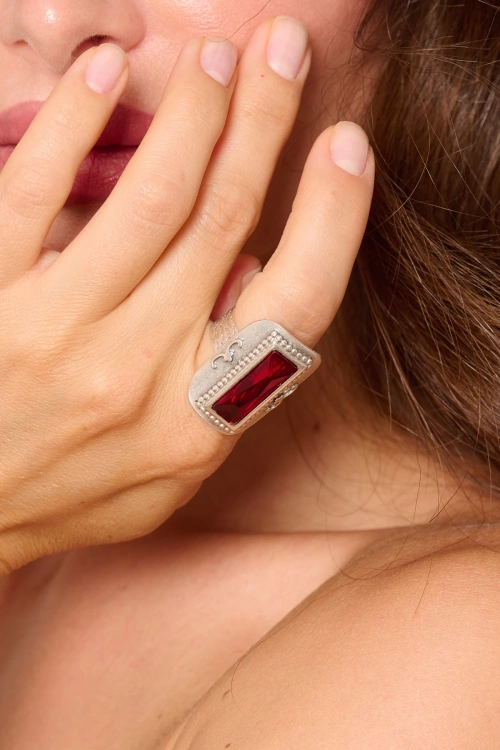 Kiraz Burgundy Crystal Stoned Silver Plated Ring
