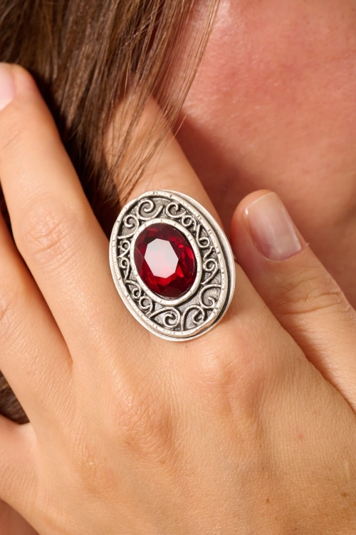 Kiraz Burgundy Crystal Stoned Silver Plated Ring