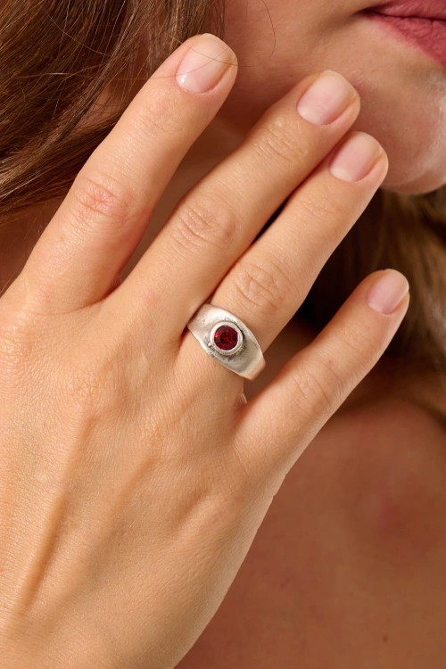 Kiraz Burgundy Crystal Stoned Silver Plated Ring