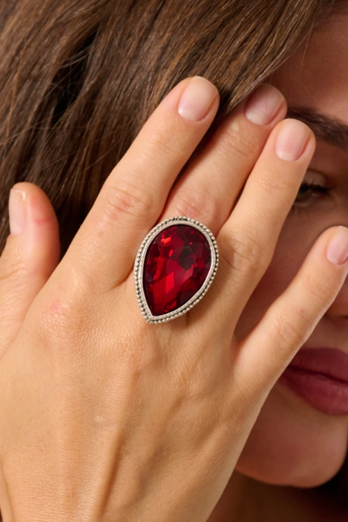 Kiraz Burgundy Crystal Stoned Silver Plated Ring