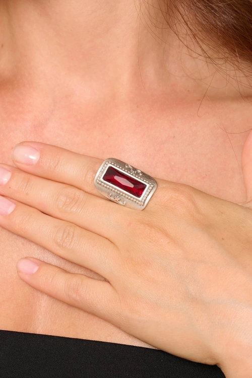 Kiraz Burgundy Crystal Stoned Silver Plated Ring