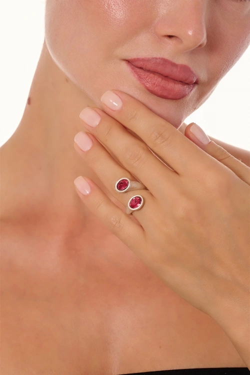 Kiraz Burgundy Crystal Stoned Silver Plated Ring