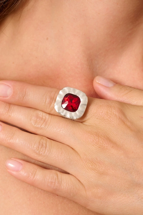 Kiraz Burgundy Crystal Stoned Silver Plated Ring