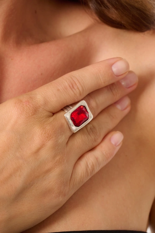 Kiraz Burgundy Crystal Stoned Silver Plated Ring