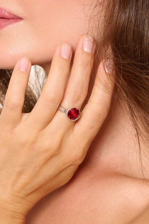 Kiraz Burgundy Stoned Crystal Silver Plated Ring