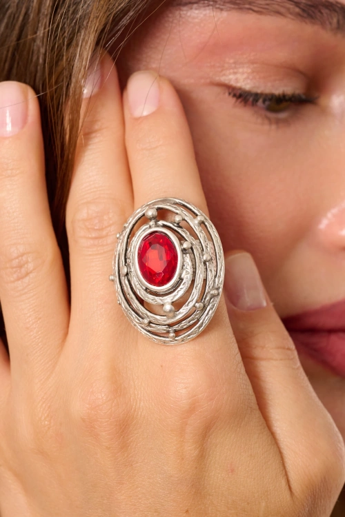 Kiraz Red Crystal Stoned Silver Plated Ring
