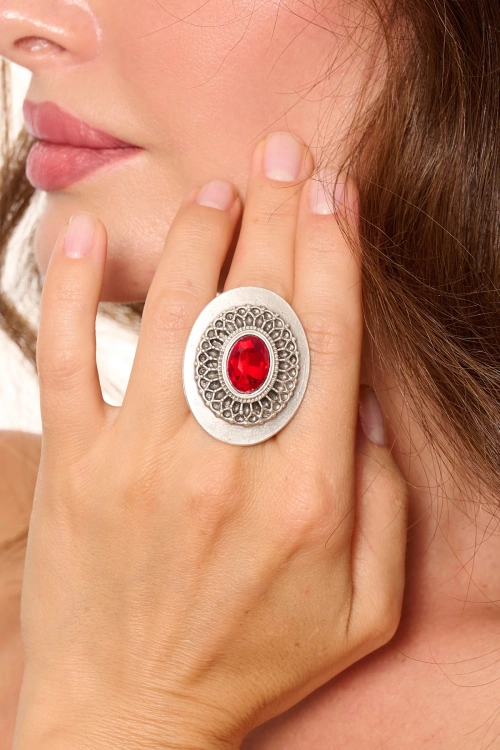 Kiraz Burgundy Crystal Stoned Silver Plated Ring