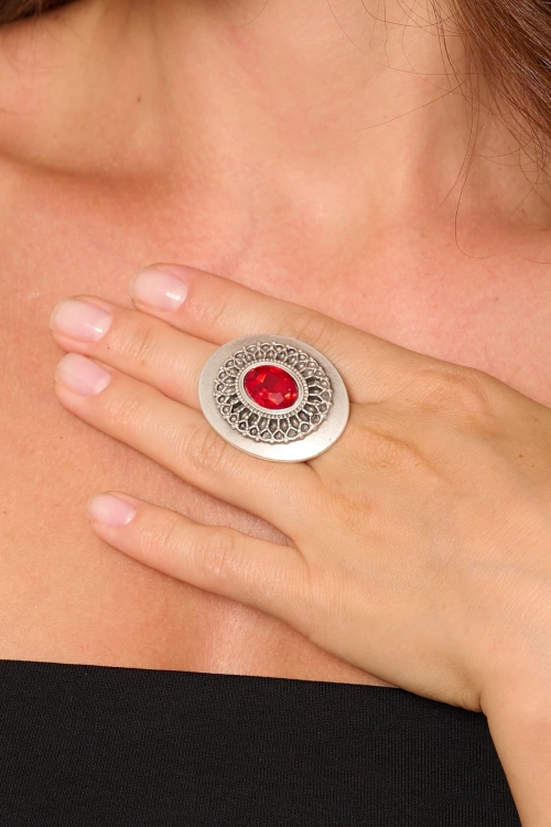 Kiraz Burgundy Crystal Stoned Silver Plated Ring