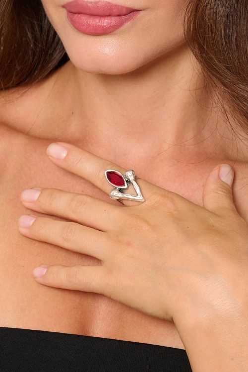 Kiraz Burgundy Crystal Stoned Silver Plated Ring