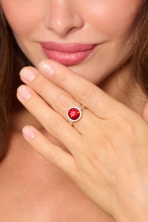 Kiraz Burgundy Stoned Crystal Silver Plated Ring