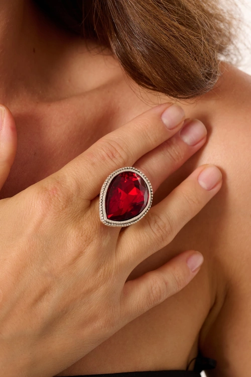 Kiraz Burgundy Crystal Stoned Silver Plated Ring