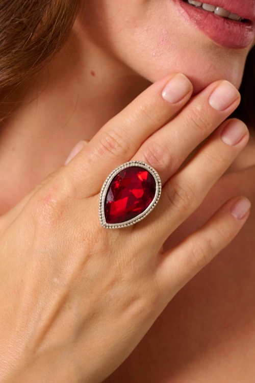 Kiraz Burgundy Crystal Stoned Silver Plated Ring