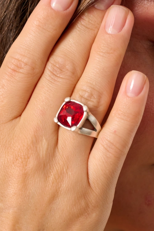 Kiraz Burgundy Crystal Stoned Silver Plated Ring