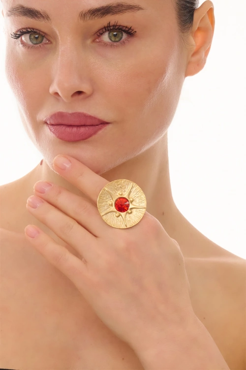 Kiraz Red Crystal Stoned Gold Plated Ring