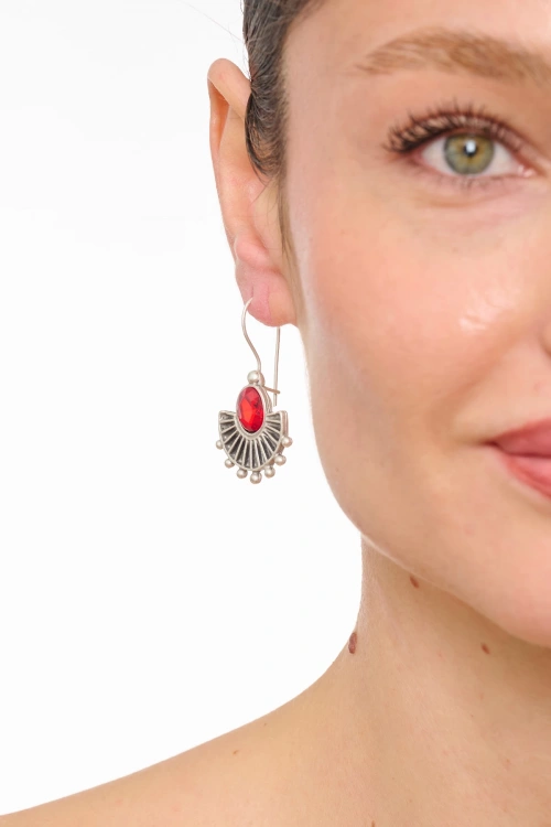 Kiraz Red Crystal Stoned Silver Plated Earring