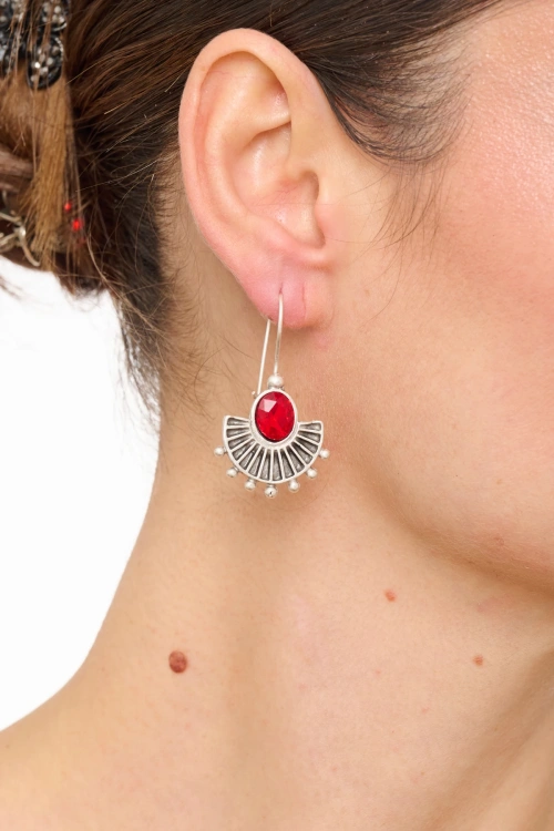 Kiraz Red Crystal Stoned Silver Plated Earring