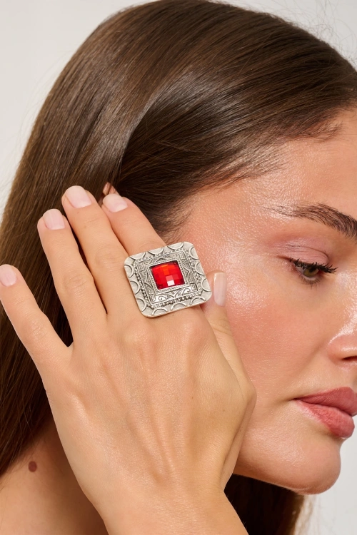 Kiraz Red Crystal Stoned Silver Plated Ring