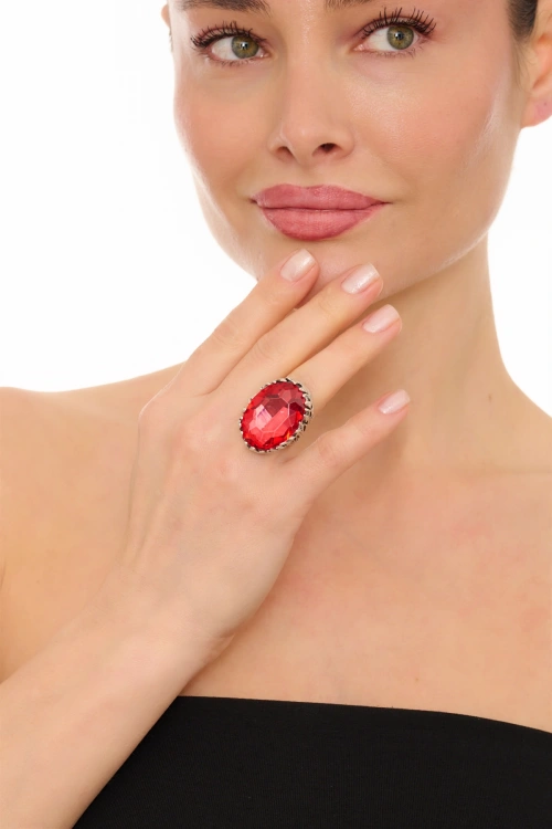 Kiraz Red Crystal Stoned Silver Plated Ring