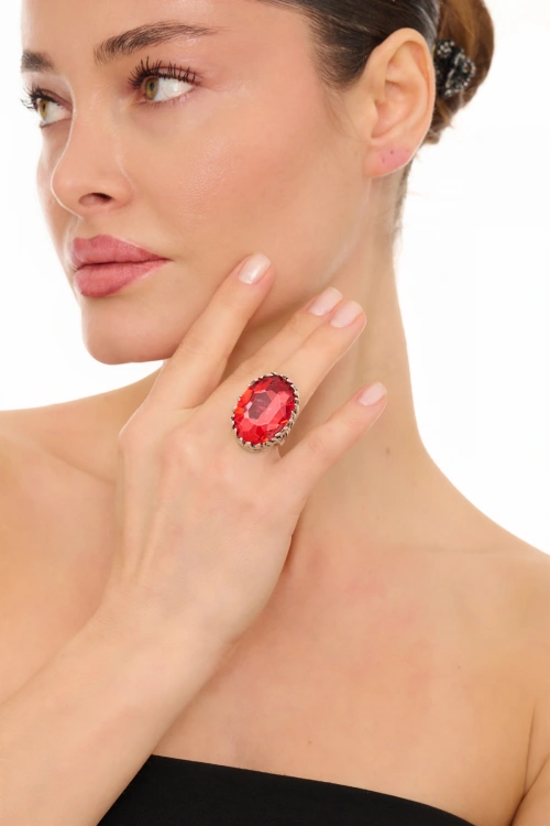 Kiraz Red Crystal Stoned Silver Plated Ring
