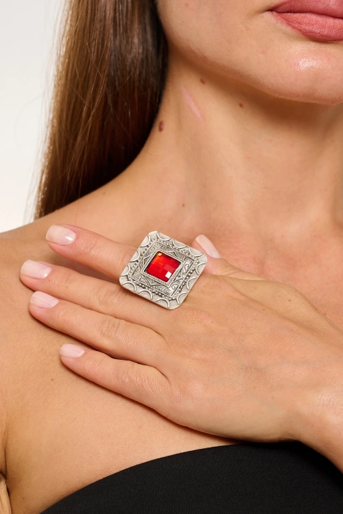 Kiraz Red Crystal Stoned Silver Plated Ring